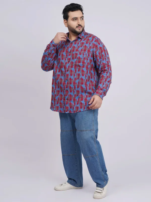 Plus_Size_Red_Blue_Abstract_Checkered_Casual_Shirt_For_Men