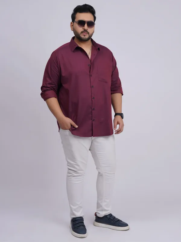 Plus_Size_Wine_Solid_Casual_Shirt_For_Men