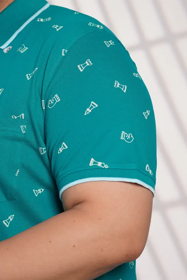 Plus_Size_Teal_Chess_Print_Polo_T_Shirt_For_Men