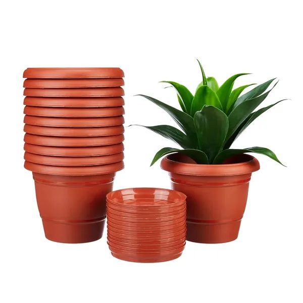 VIDA_DE_JARDIN_Plant_Pots_Set_with_Saucers_–_Reusable_Plastic_Pots_for_Home_Garden,_Balcony_&_Nursery_(Brown,_4)