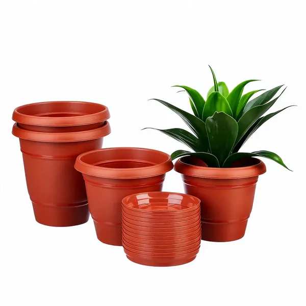 VIDA_DE_JARDIN_Round_Plant_Pots_Set_with_Bottom_Tray_–_Reusable_Plastic_Pots_for_Home_Garden,_Balcony_&_Nursery_(Brown,_4)