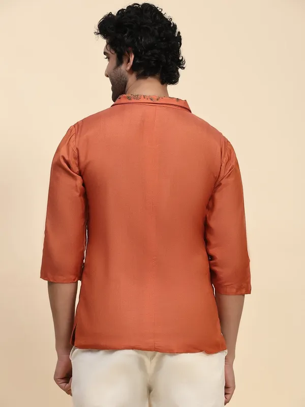 Orange_Chanderi_Silk_Regular_Fit_Embroidered_Ethnic_Jacket_For_Men