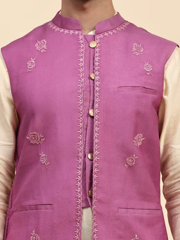 Purple_Chanderi_Silk_Straight_Fit_Embroidered_Nehru_Jacket_Kurta_Set_For_Men