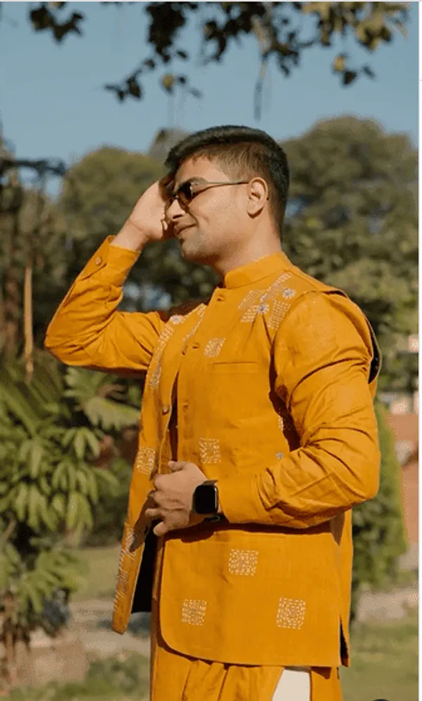 Mustard_Khadi_Cotton_Printed_Kurta_Jacket_Set_For_Men