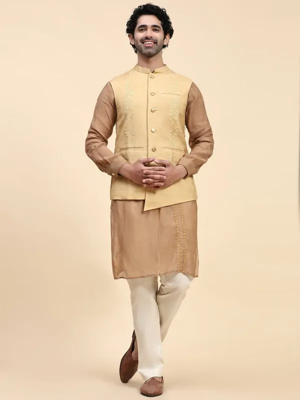 Beige_Chanderi_Silk_Embroidered_Nehru_Jacket_For_Men