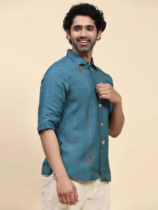 Teal_Chanderi_Silk_Embroidered_Short_Kurta_For_Men