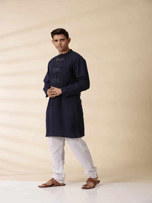 Navy_Blue_Cotton_Straight_Fit_Printed_Kurta_Pyjama_Jacket_Set_For_Men