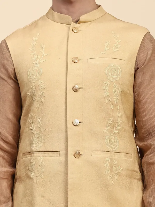 Beige_Chanderi_Silk_Embroidered_Nehru_Jacket_For_Men