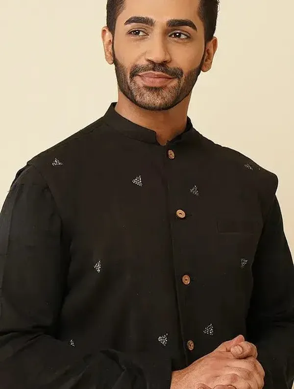 Black_Khadi_Cotton_Straight_Fit_Printed_Kurta_Pyjama_Jacket_Set_For_Men
