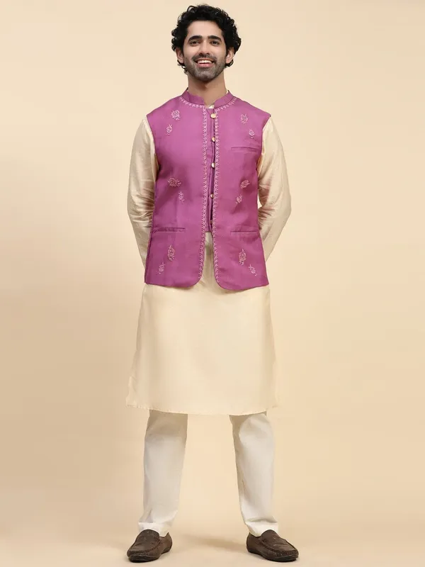 Purple_Chanderi_Silk_Straight_Fit_Embroidered_Nehru_Jacket_Kurta_Set_For_Men