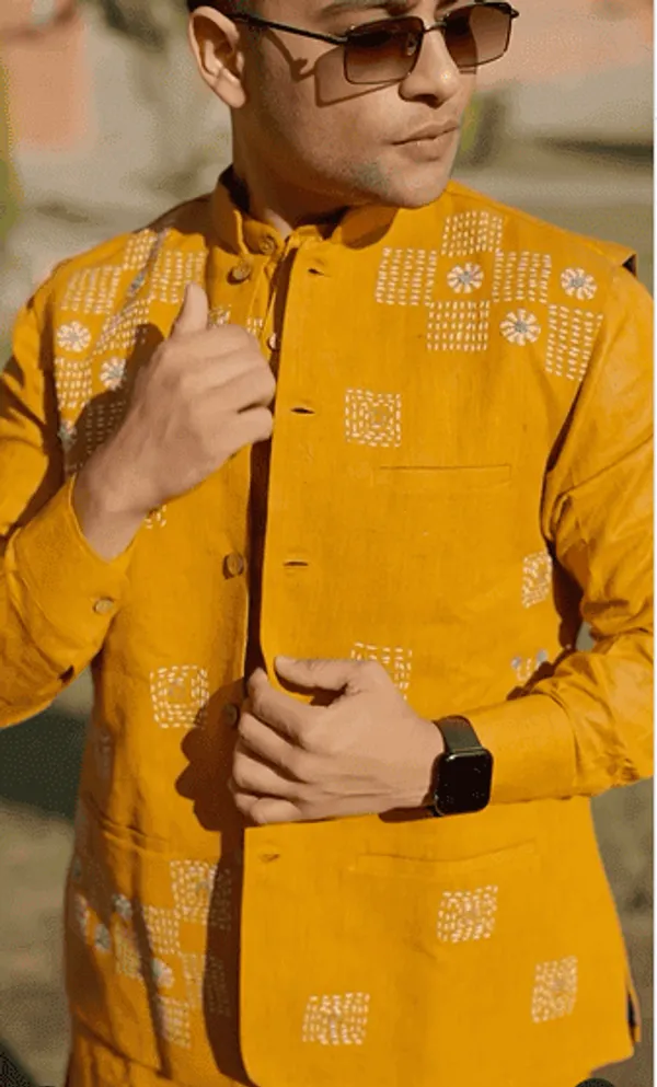 Mustard_Khadi_Cotton_Printed_Kurta_Jacket_Set_For_Men