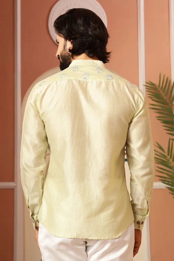 Cream_Chanderi_Silk_Embroidered_Kurta_Shirt_For_Men