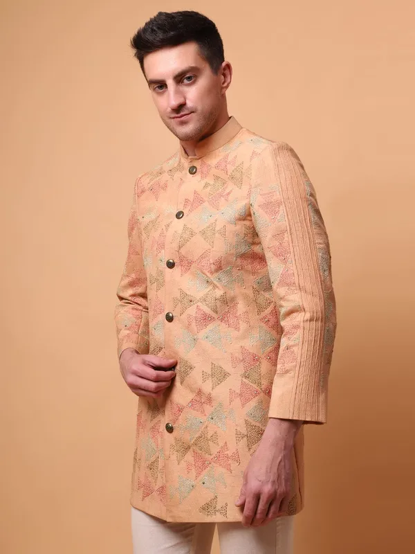 Peach_Chanderi_Silk_Regular_Fit_Embroidered_Bandhgala_Jacket_For_Men