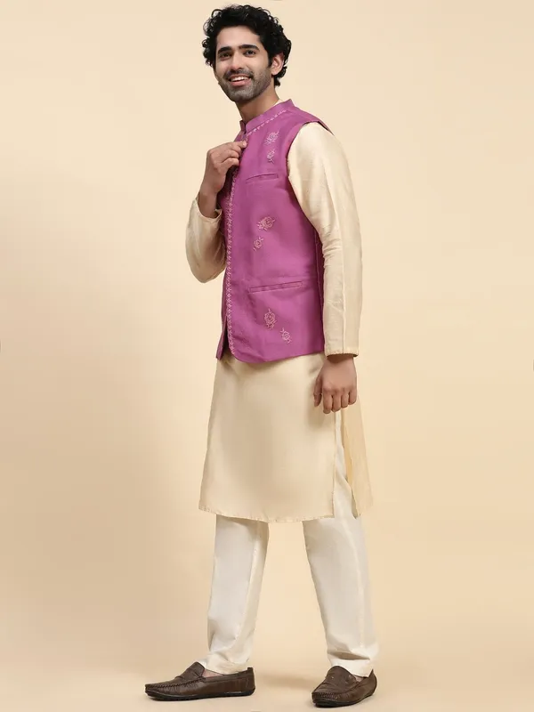 Purple_Chanderi_Silk_Straight_Fit_Embroidered_Nehru_Jacket_Kurta_Set_For_Men
