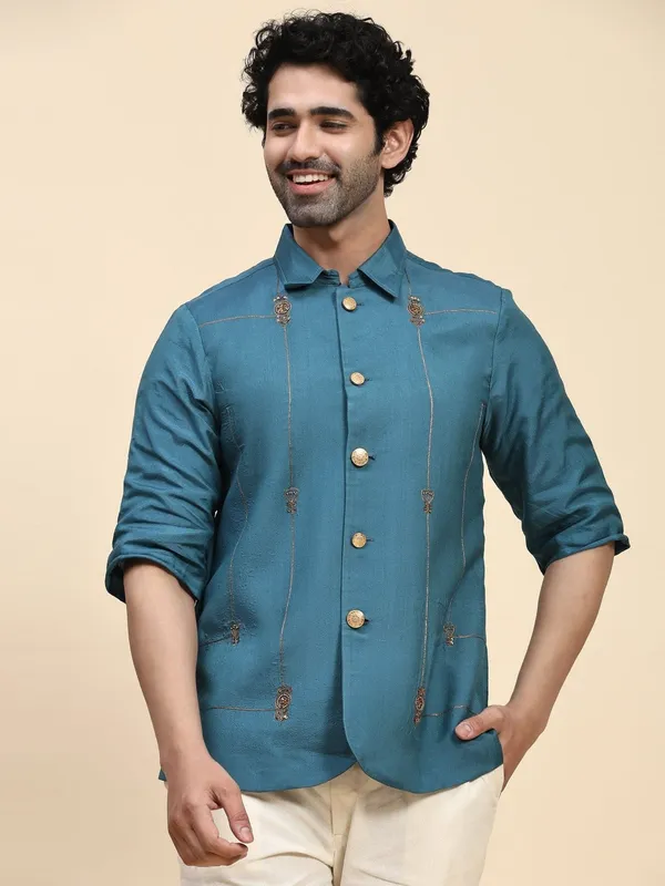 Teal_Chanderi_Silk_Embroidered_Short_Kurta_For_Men