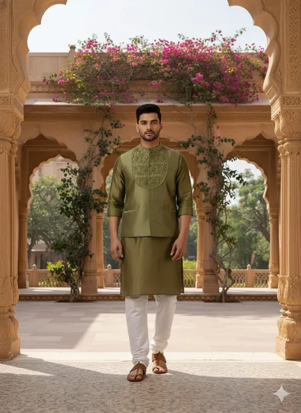 Olive_Chanderi_Silk_Straight_Fit_Embroidered_Kurta_Pyjama_Bandi_Set_For_Men