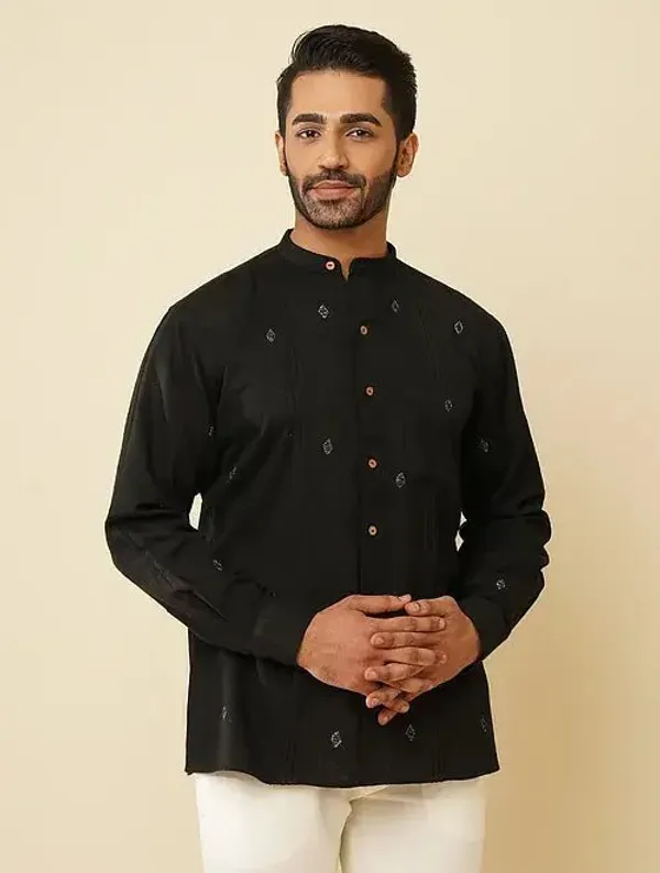 Black_Khadi_Cotton_Regular_Fit_Embroidered_Kurta_For_Men