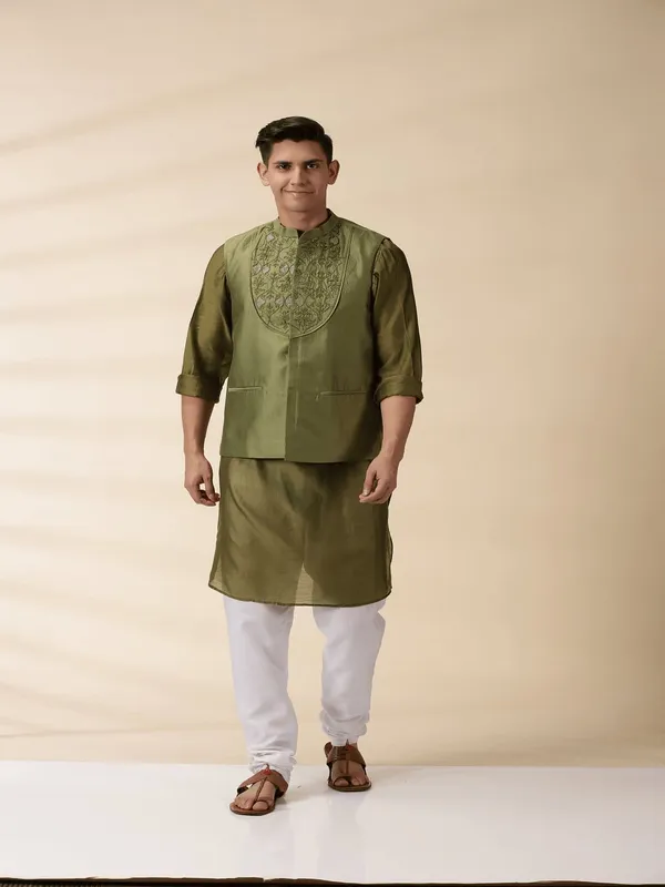 Olive_Chanderi_Silk_Straight_Fit_Embroidered_Kurta_Pyjama_Bandi_Set_For_Men