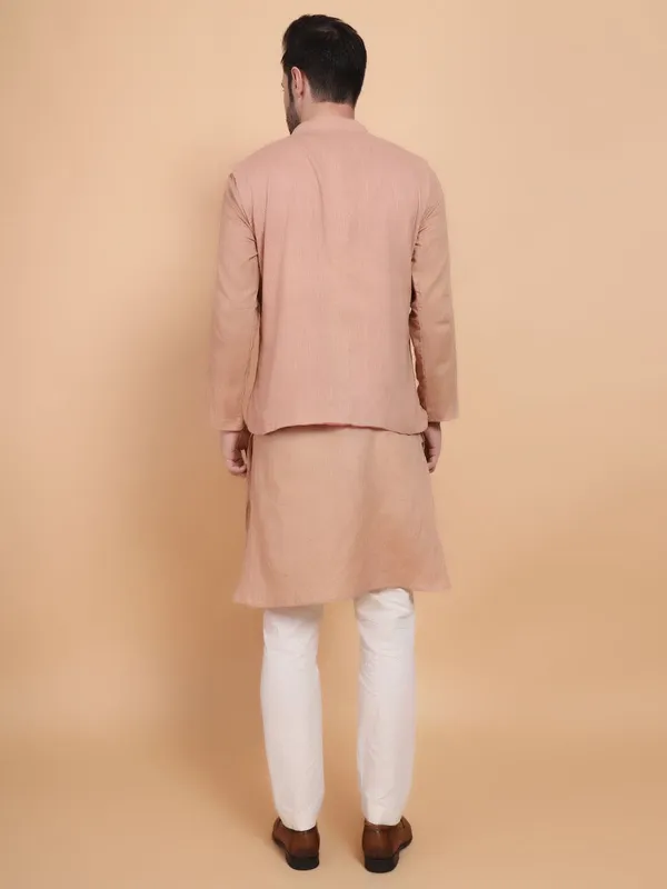 Peach_Chanderi_Silk_Straight_Fit_Embroidered_Kurta_Pyjama_Bandi_Set_For_Men