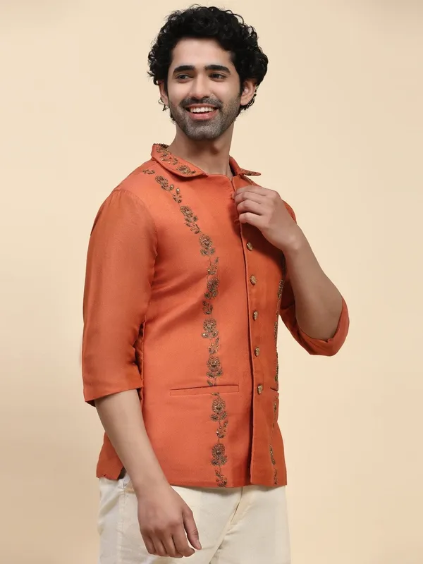 Orange_Chanderi_Silk_Regular_Fit_Embroidered_Ethnic_Jacket_For_Men