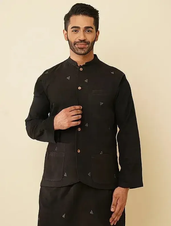 Black_Khadi_Cotton_Straight_Fit_Printed_Kurta_Pyjama_Jacket_Set_For_Men