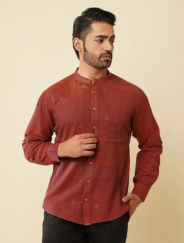 Rust_Khadi_Cotton_Regular_Fit_Band_Collar_Embroidered_Shirt_For_Men
