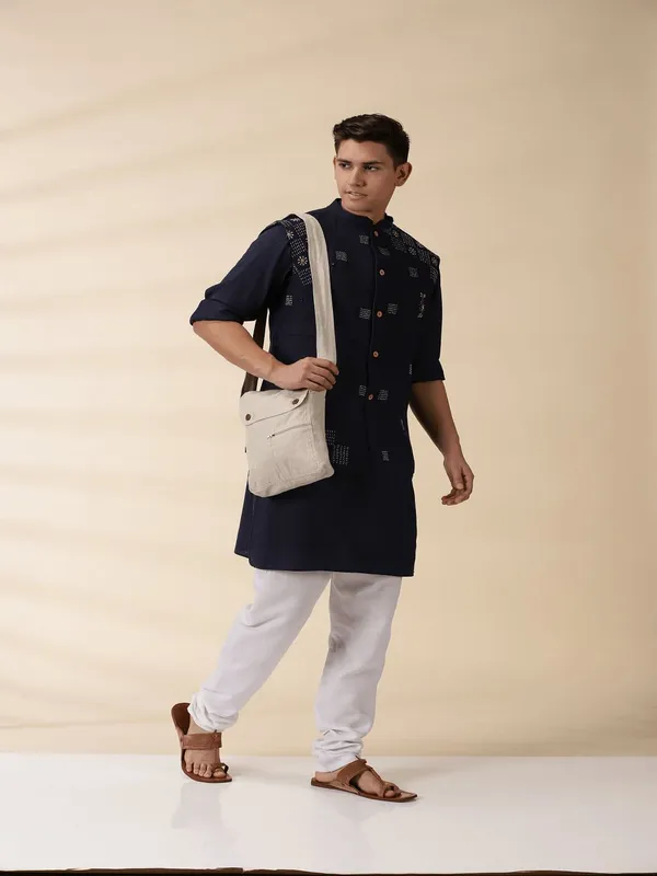 Navy_Blue_Cotton_Straight_Fit_Printed_Kurta_Pyjama_Jacket_Set_For_Men