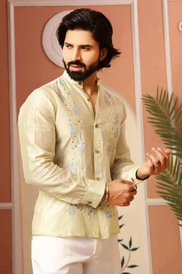Cream_Chanderi_Silk_Embroidered_Kurta_Shirt_For_Men