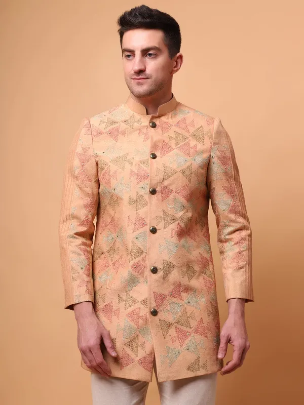 Peach_Chanderi_Silk_Regular_Fit_Embroidered_Bandhgala_Jacket_For_Men