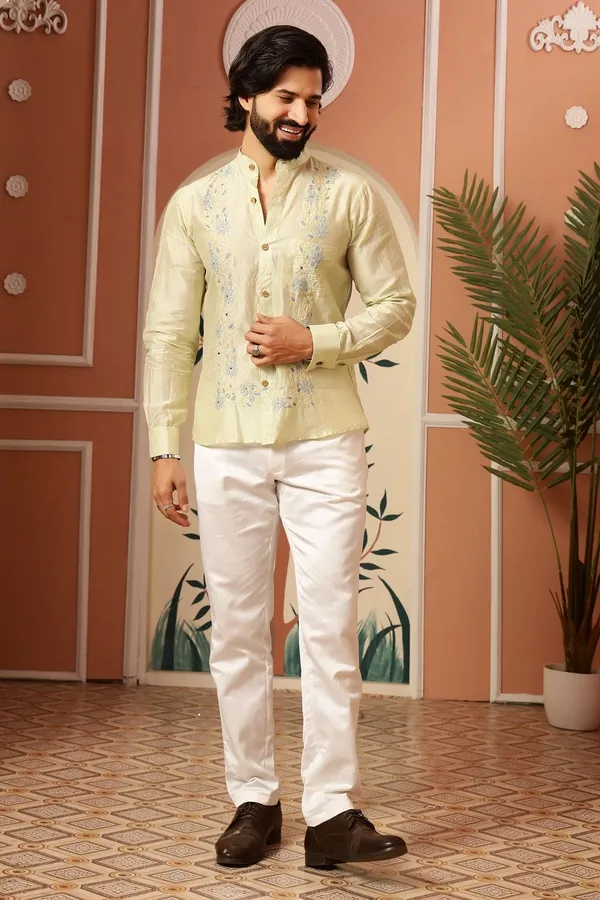 Cream_Chanderi_Silk_Embroidered_Kurta_Shirt_For_Men