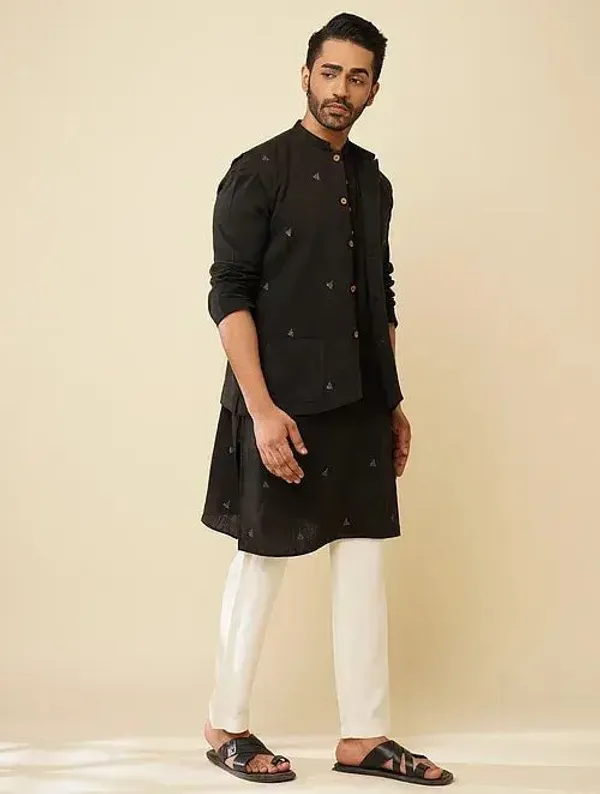 Black_Khadi_Cotton_Straight_Fit_Printed_Kurta_Pyjama_Jacket_Set_For_Men