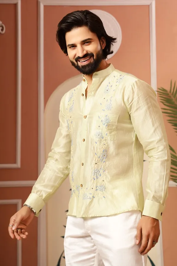 Cream_Chanderi_Silk_Embroidered_Kurta_Shirt_For_Men