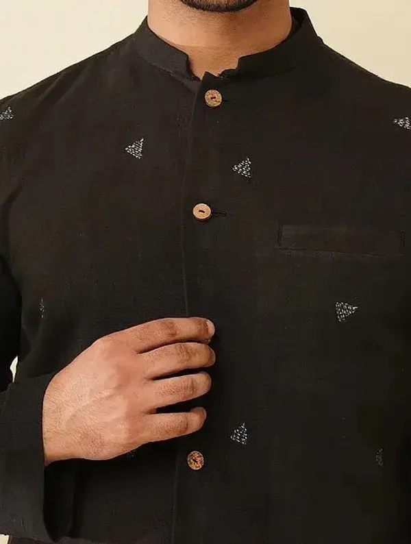 Black_Khadi_Cotton_Straight_Fit_Printed_Kurta_Pyjama_Jacket_Set_For_Men