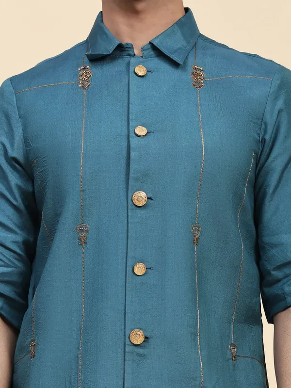 Teal_Chanderi_Silk_Embroidered_Short_Kurta_For_Men