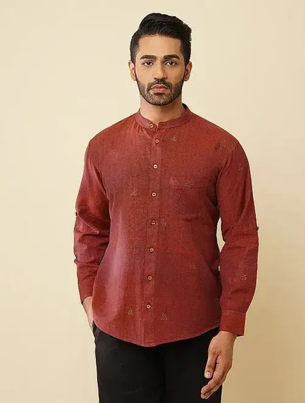 Rust_Khadi_Cotton_Regular_Fit_Band_Collar_Embroidered_Shirt_For_Men