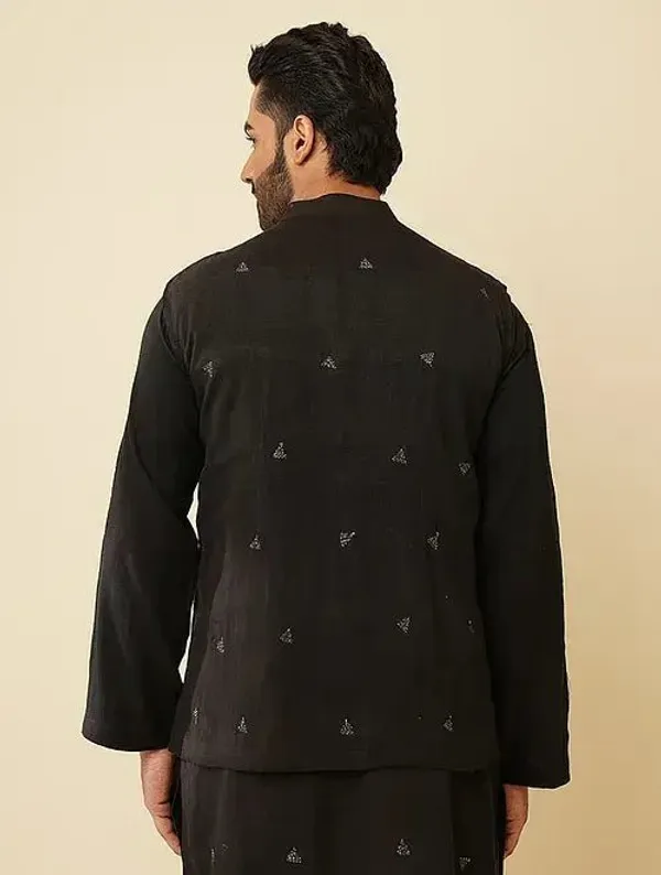 Black_Khadi_Cotton_Straight_Fit_Printed_Kurta_Pyjama_Jacket_Set_For_Men