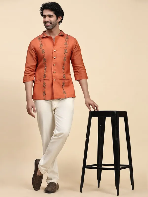 Orange_Chanderi_Silk_Regular_Fit_Embroidered_Ethnic_Jacket_For_Men