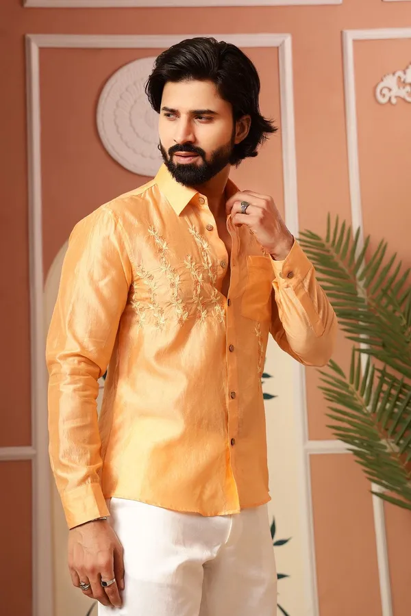 Peach_Chanderi_Silk_Regular_Fit_Floral_Embroidered_Shirt_For_Men