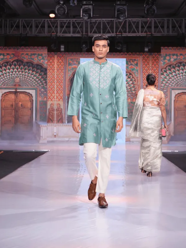 Mint_Green_Chanderi_Silk_Straight_Embroidered_Sherwani_Set_For_Men