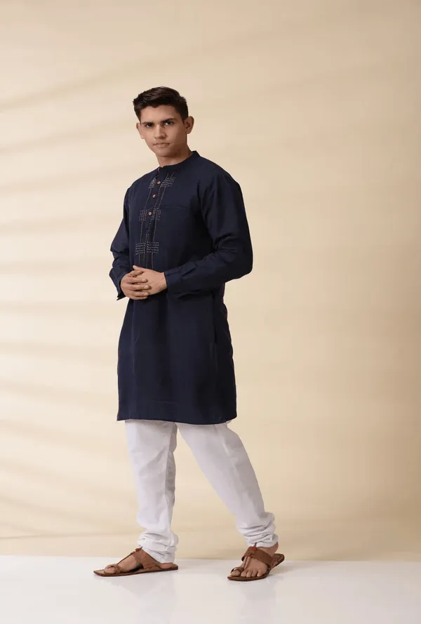 Navy_Blue_Cotton_Straight_Fit_Printed_Kurta_Pyjama_Jacket_Set_For_Men
