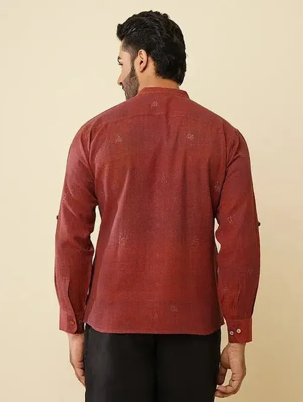 Rust_Khadi_Cotton_Regular_Fit_Band_Collar_Embroidered_Shirt_For_Men