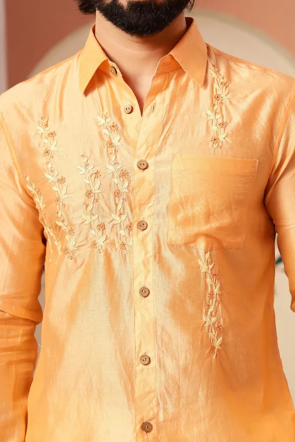 Peach_Chanderi_Silk_Regular_Fit_Floral_Embroidered_Shirt_For_Men