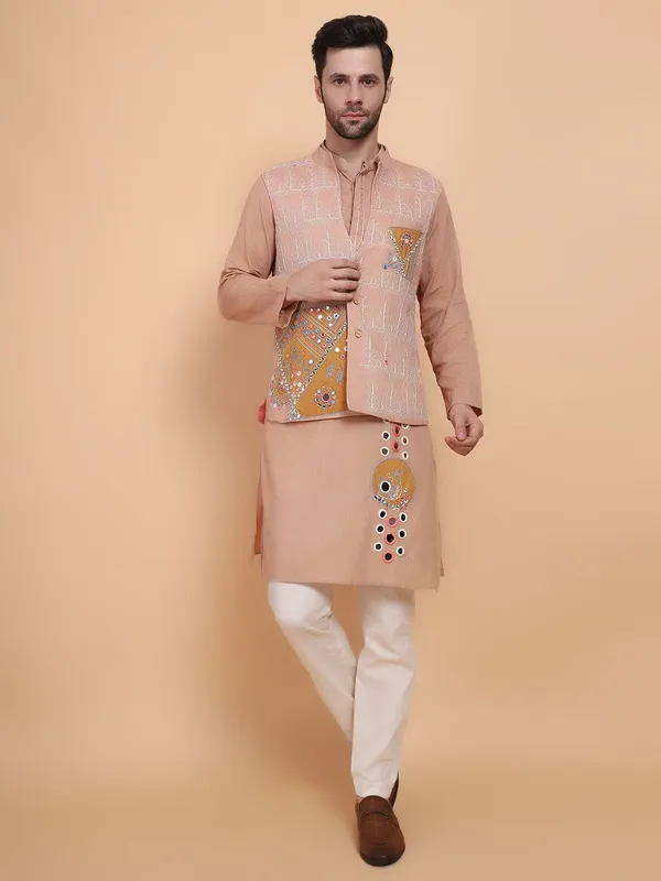 Peach_Chanderi_Silk_Straight_Fit_Embroidered_Kurta_Pyjama_Bandi_Set_For_Men