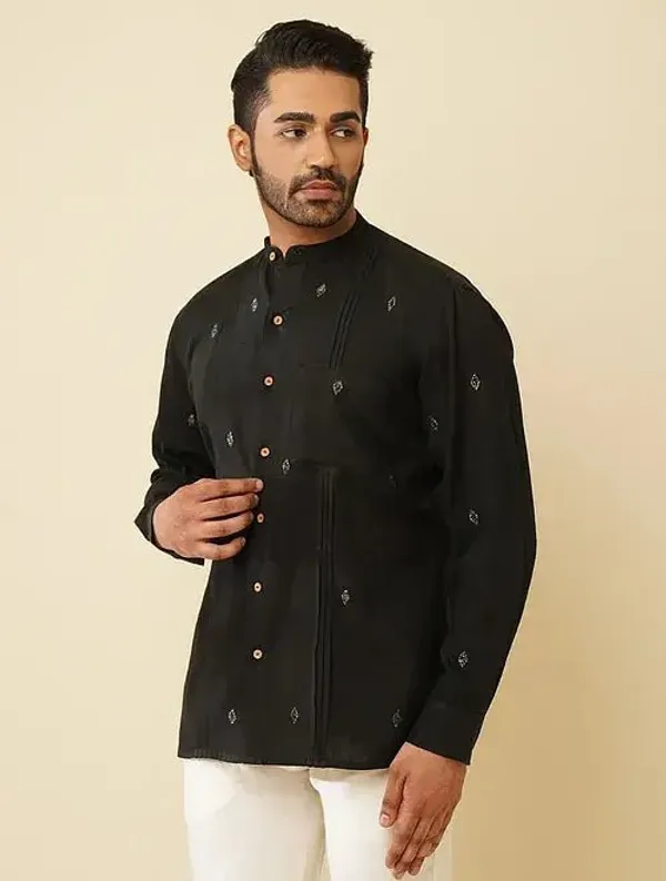 Black_Khadi_Cotton_Regular_Fit_Embroidered_Kurta_For_Men