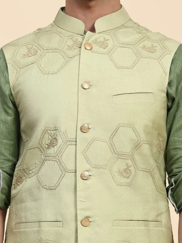 Green_Cotton_Chanderi_Embroidered_Kurta_Jacket_Set_For_Men