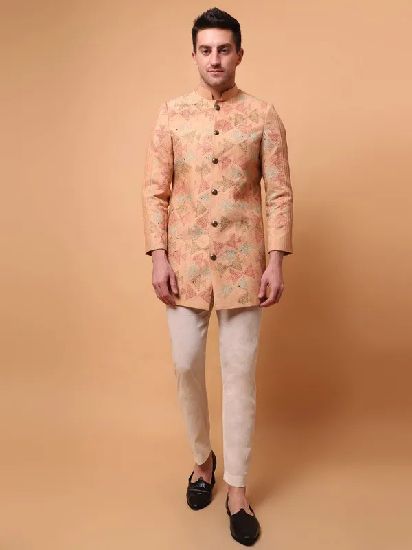 Peach_Chanderi_Silk_Regular_Fit_Embroidered_Bandhgala_Jacket_For_Men
