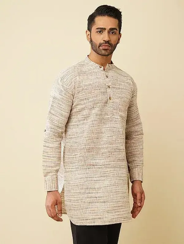 Beige_Khadi_Straight_Fit_Textured_Kurta_For_Men
