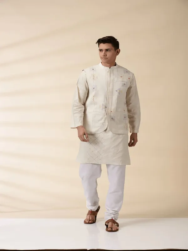 White_Khadi_Cotton_Embroidered_Kurta_Set_With_Jacket_For_Men