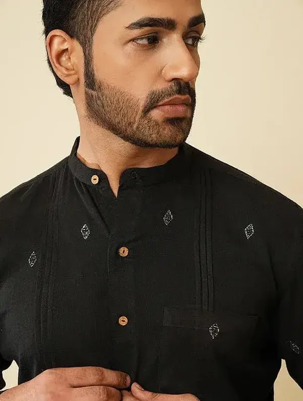 Black_Khadi_Cotton_Regular_Fit_Embroidered_Kurta_For_Men