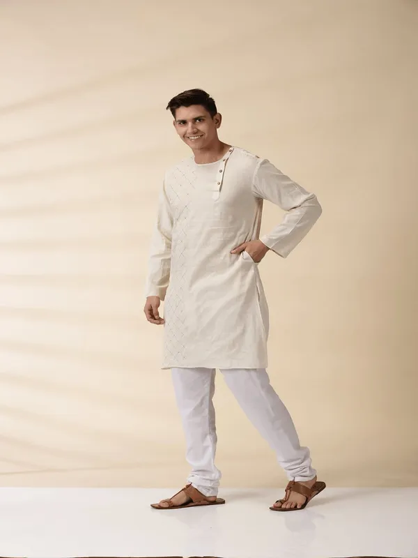 White_Khadi_Cotton_Embroidered_Kurta_Set_With_Jacket_For_Men